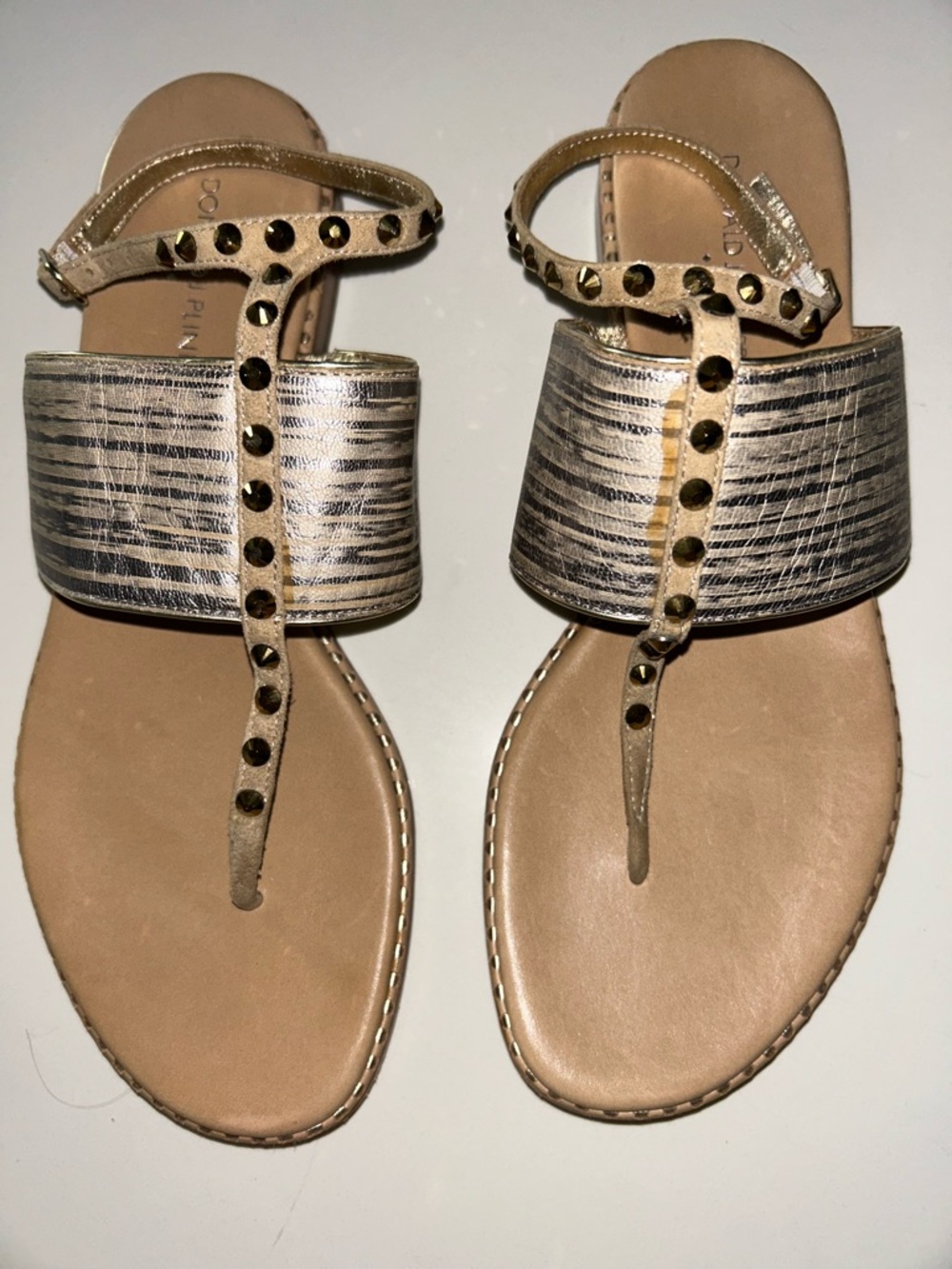 Donald J. Pliner Gold Studded T-Strap Sandals with Metallic Band